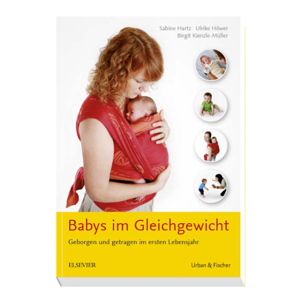 Buchcover "Babys im Gleichgewicht" mit einem Bild von einer Frau, die ihr Kind in einem Tragetuch trägt. 