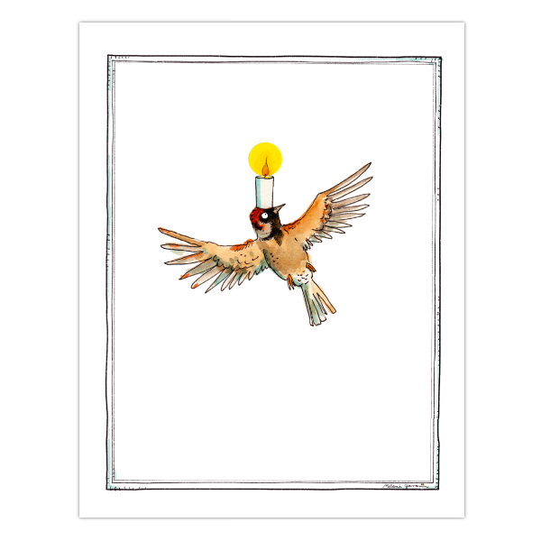Eine Trauerkarte mit einem fliegenden Spatz der eine Kerze trägt.