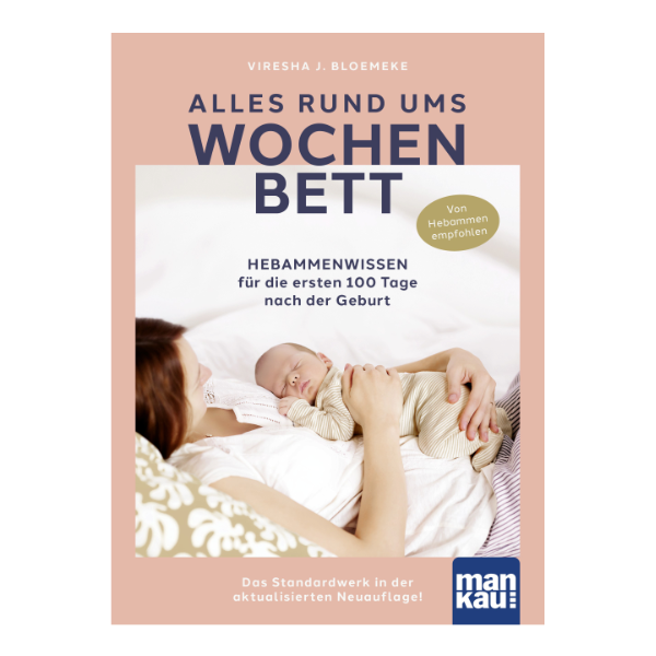 Cover "Alles rund ums Wochenbett" mit einer Frau, die ihr Neugeborenes auf dem Bauch liegen hat.
