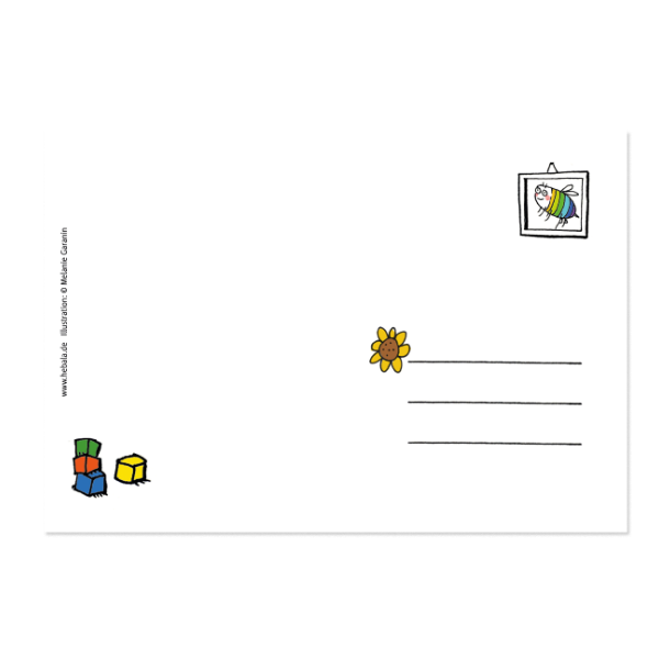 Die Rückseite einer Postkarte, welche mit kleinen Abbildungen verziert ist.
