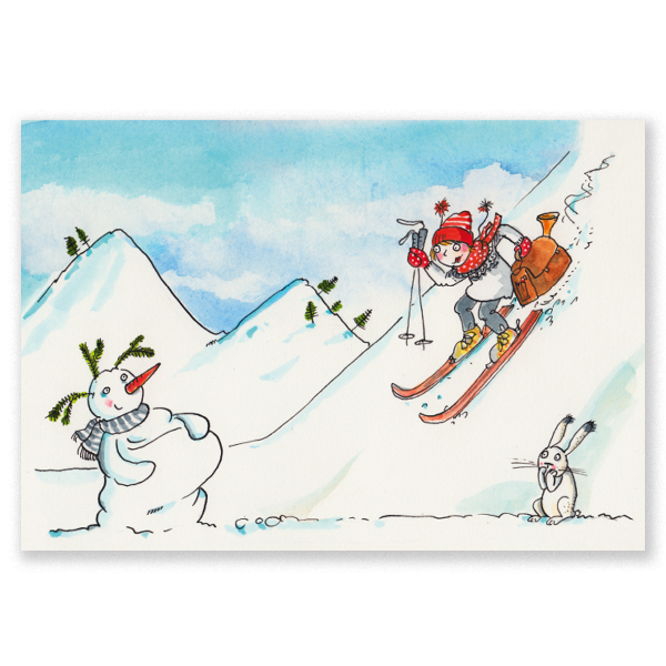 Vorderseite der Postkarte "Schneekönigin", die winterlich gestaltet ist. Auf der Karte werden ein Skifahrer und ein Schneemann in einer verschneiten Kulisse dargestellt.