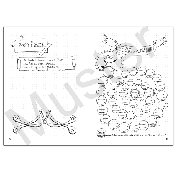 Ein Muster-Beispiel für ein Arbeitsblatt zum Thema "Geburtenzähler". Die Arbeitsblätter sind farblos gestaltet und können bunt ausgemalt werden.