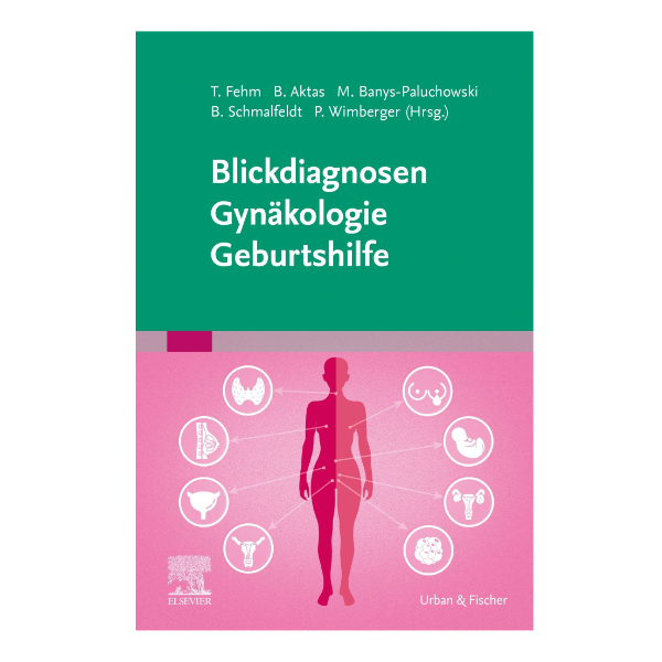 Cover "Blickdiagnosen Gynäkologie, Geburtshilfe". Das Cover zeigt einen Bild von einer menschlichen Silhouette, bei dem die verschiedenen Themenbereiche gekennzeichnet sind. 