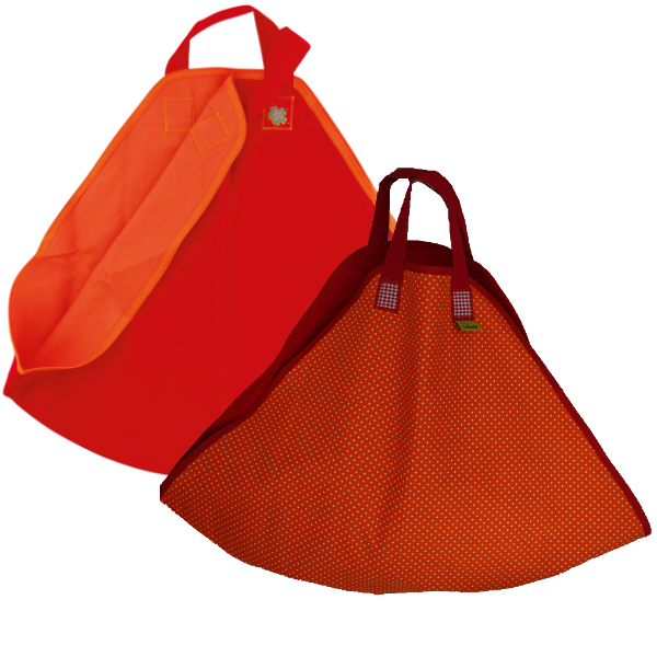 Zwei Wiege-Wende-Tücher in rot orange und in orange mit Punkten.
