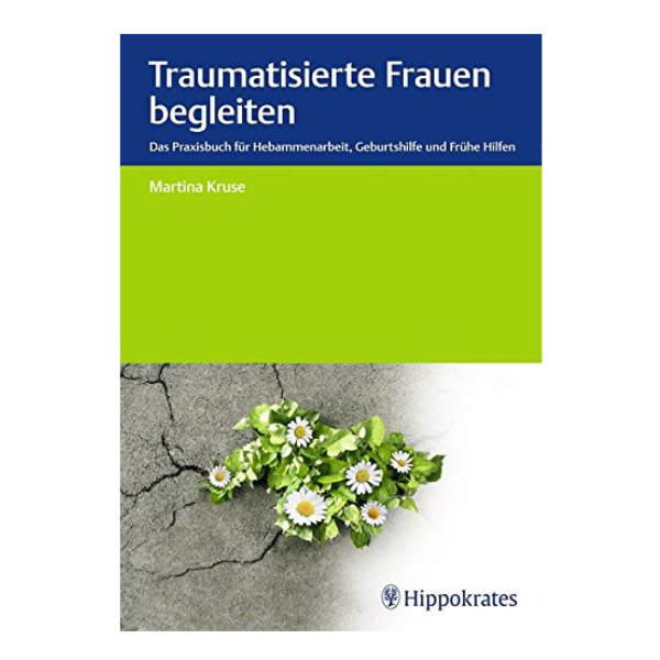 Minimalistisches Cover "Traumatisierte Frauen begleiten" mit einem Bild von Blumen, die aus einem Riss in der Straße wachsen.