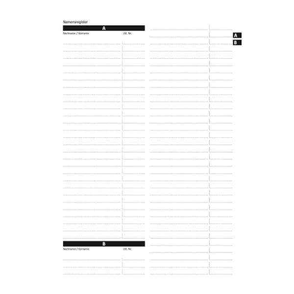 Namensregister mit vielen Eintragungsmöglichkeiten für Vor- und Nachnamen.