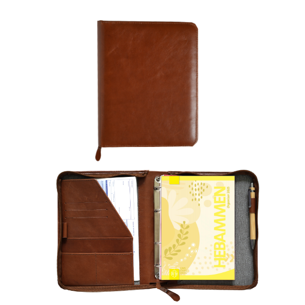 Lederhülle für den Hebammen-Organizer mit Einlegeblättern 2026 in Cognac