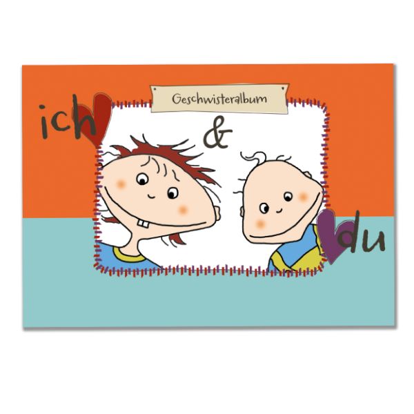 Geschwisteralbum von vorne mit zwei Kindern und der Aufschrift "Du und ich".