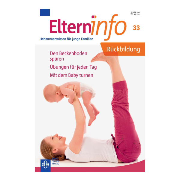 Elterninfo Cover "Rückbildung" mit einer Frau, die eine Übung mit ihrem Baby macht. 
