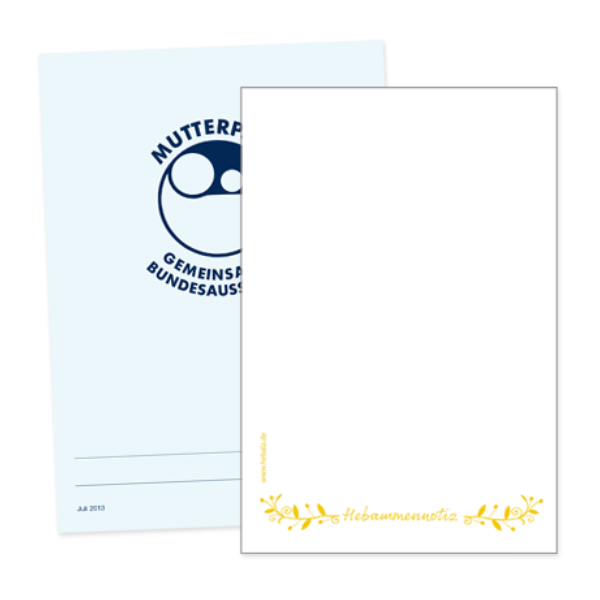 Vorderseite vom Mutterpass und Klebezetteln, die mit einer gelben Aufschrift "hebammennotiz" verziert sind.