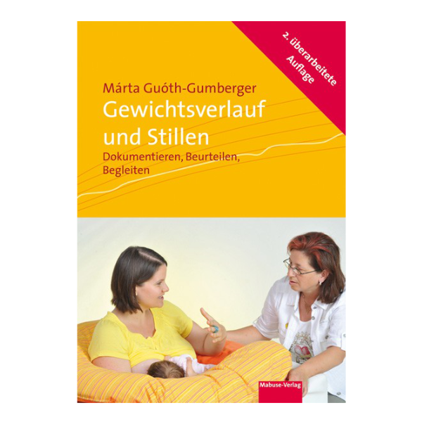 Cover "Gewichtsverlauf und Stillen" mit einer Hebamme, die zu einer stillenden Frau spricht.