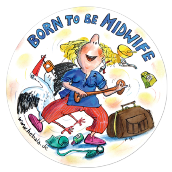 Lustiger Hebammenaufkleber mit Hebammen Utensilien und der Aufschrift "Born to be Midwife"