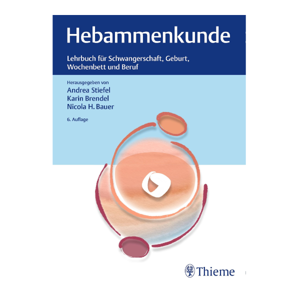 Schlichtes Coverbild "Hebammenkunde - Lehrbuch für Schwangerschaft, Geburt, Wochenbett und Beruf" mit Zeichnungen von zwei Figuren, die ein Baby mit ihren Armen umschließen.