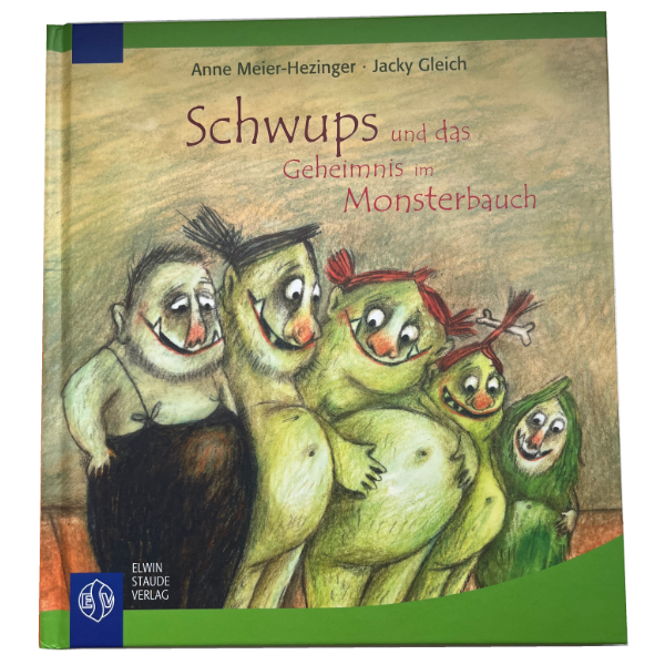 Lustiges Cover "Schups und das Geheimnis im Monsterbauch" mit einer Abbildung der Monsterfamilie, die vor allem die unterschiedlichen Bäuche der Familie darstellt.
