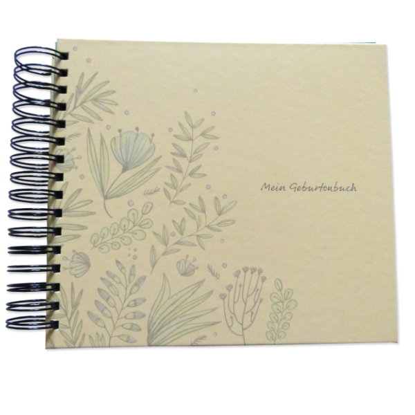 Die Vorderseite vom Geburtenbuch mit Blumen und der Aufschrift "Mein Geburtenbuch"