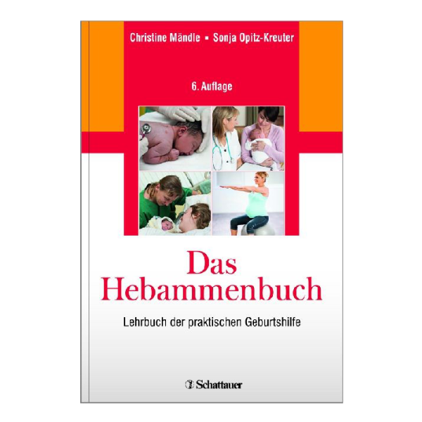 Cover "Das Hebammenbuch"  mit verschiedenen Bildern, die Teil der Hebammenarbeit sind.
