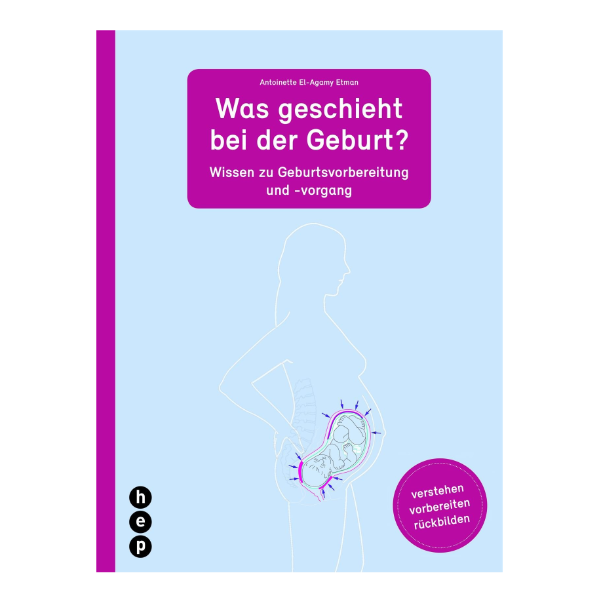 Schlichtes Cover "Was geschieht bei der Geburt?" mit einer Zeichnung einer schwangeren Frau. 