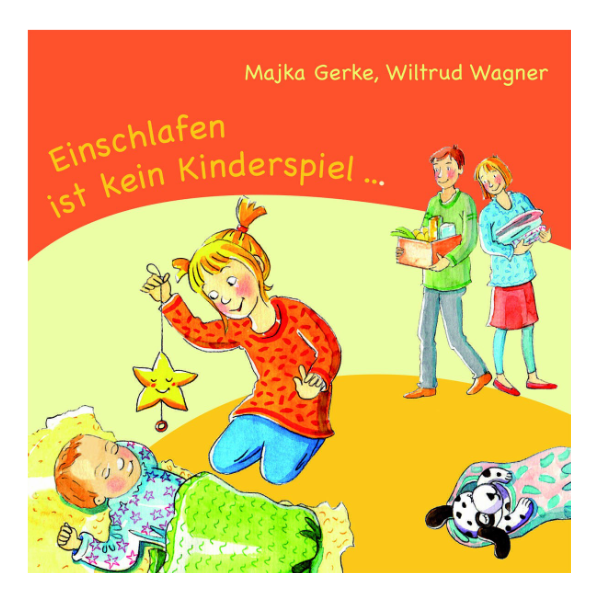 Kinderfreundliches Cover "Einschlafen ist kein Kinderspiel" mit einer Familie, die versucht ein Baby zum Schlafen zu bringen.