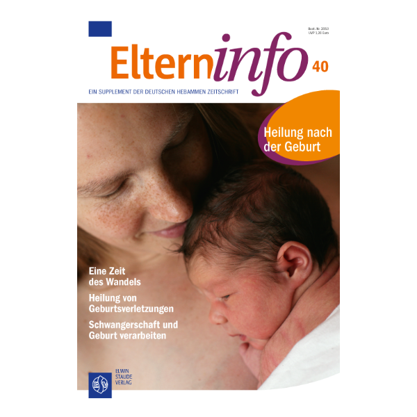 Elterninfo Cover "Heilung nach der Geburt" mit einer Mutter, die ihr frischgeborenes Kind auf der Brust hält.
