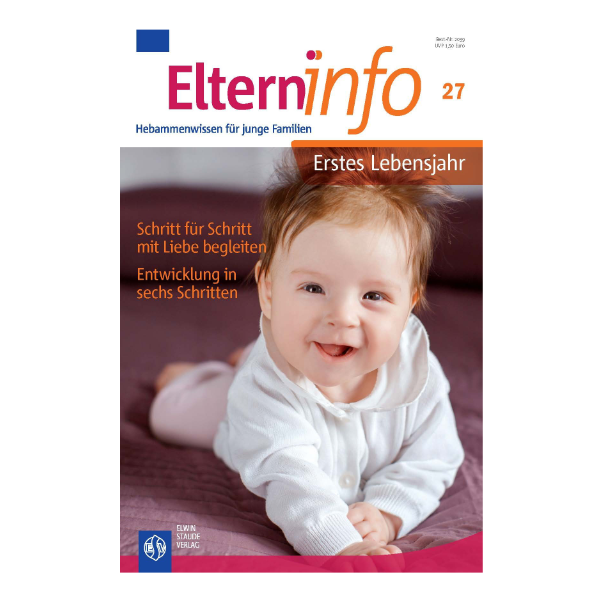 Elterninfo Cover "Erstes Lebensjahr" mit einem krabbelnden Säugling.