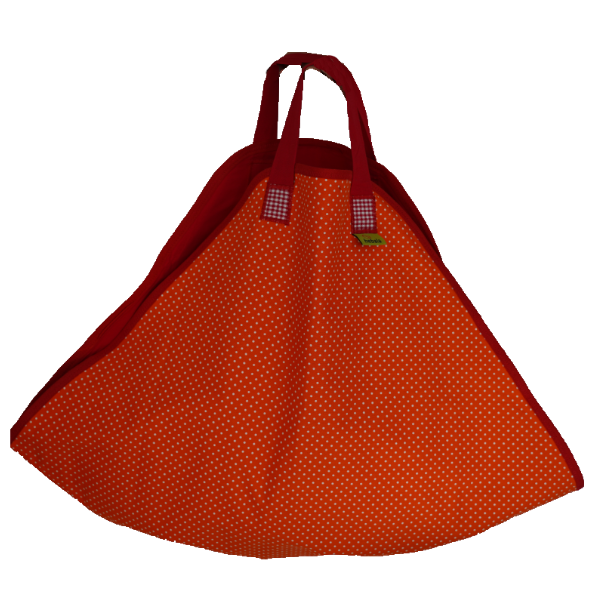 Wiege-Wende-Tuch in orange mit kleinen Punkten. Das Tuch hat zwei feste Schlaufen zum Einhängen in die Hängewaage.