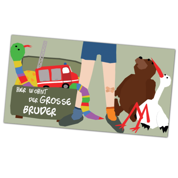 Kindgerechtes Türschild mit der Aufschrift "Hier wohnt der große Bruder" mit einer Spielzeugkiste, einem Storch und anderen Illustrationen.