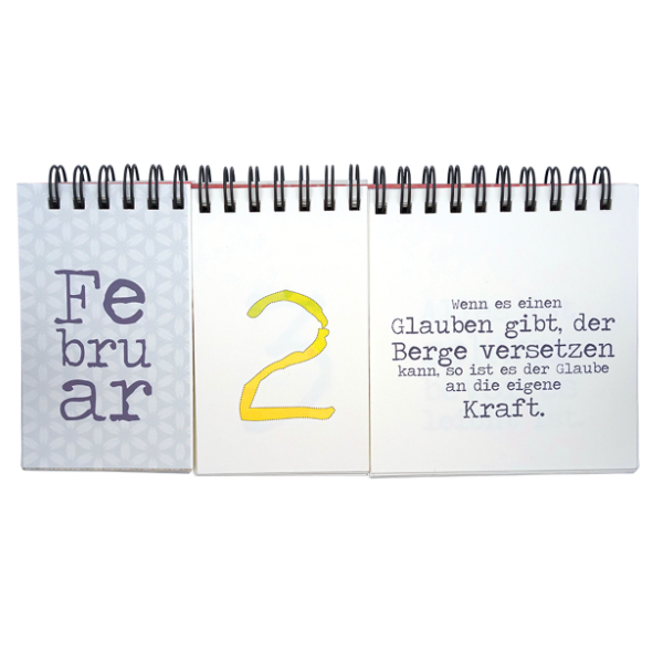Aufgeklappter Tischkalender für den 2. Februrar mit Monat, Zahl und einem lustigen Spruch.