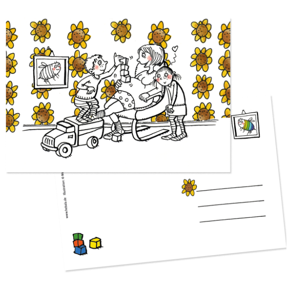 Die Ausmalpostkarte wird von ihrer Vorder- und Rückseite abgebildet. 
