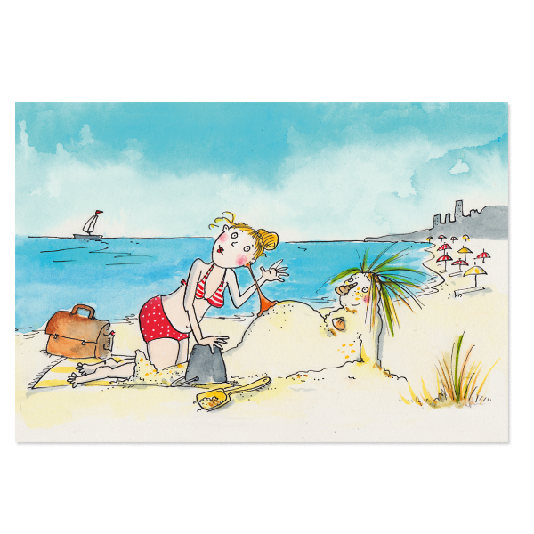 Vorderseite der sommerlichen Postkarte "Strandperle". Die Karte stellt eine Hebamme am Strand dar, die eine Sandburg, welche aussieht wie eine schwangere Frau, abhört.