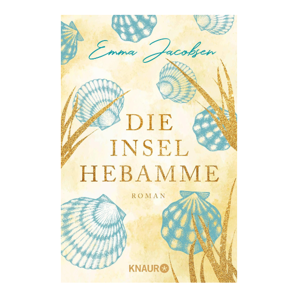 Buchcover "Die Insel Hebamme" mit Abbildungen von Muscheln und weiteren Verzierungen, die eine Inselatmosphäre vermitteln.