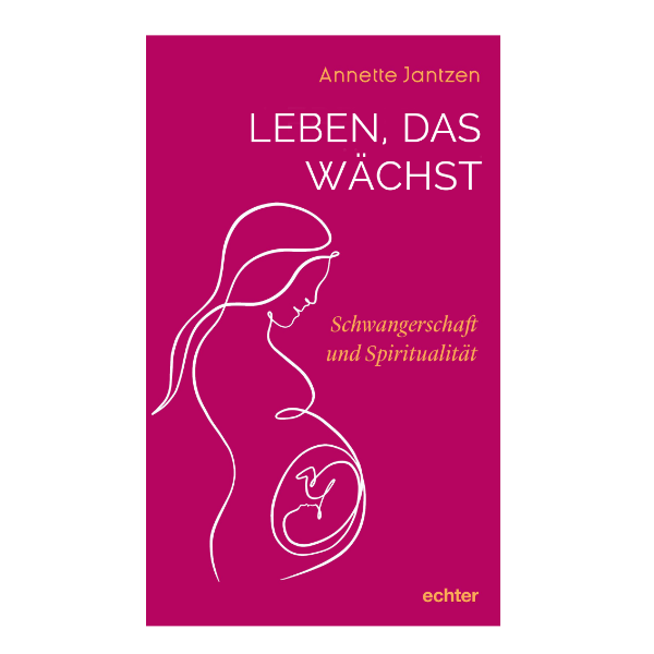 Rotes Buchcover "Leben, das wächst" mit einer Illustration einer schwangeren Frau.