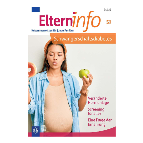 Elterninfo Cover "Schwangerschaftsdiabetes" mit einer Frau, die einen Apfel und einen Donut in der Hand hält.