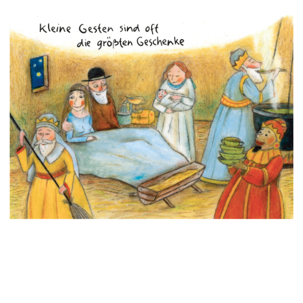 Weihnachtskarte auf der die heiligen drei Könige der frischgebackenen Familie ihre Hilfe anbieten. Die Karte ist mit der Aufschrift "Kleine Gesten sind oft die größten Geschenke" verziert.