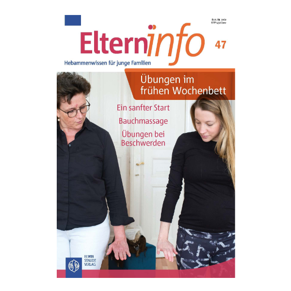 Elterninfo Cover "Übungen im frühen Wochenbett" mit zwei Frauen, die eine Übung ausüben.
