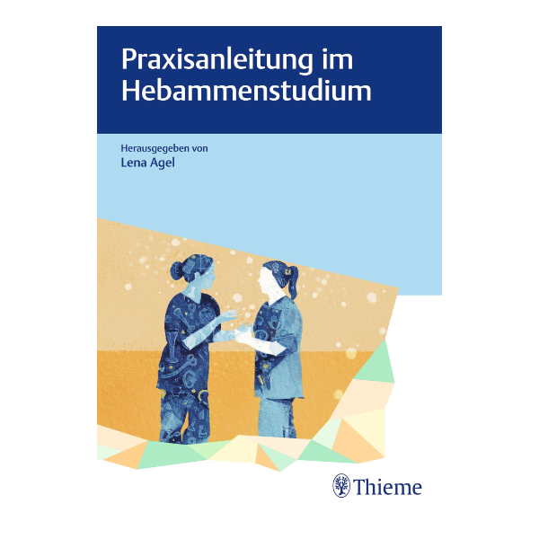 Cover "Praxisanleitung im Hebammenstudium" mit einer Darstellung von zwei Hebammen. 