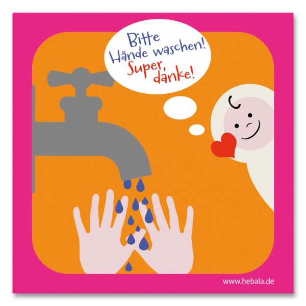 Kartenvorderseite mit zwei waschenden Händen und einer Person, die "Bitte Händewaschen! Super, danke!" sagt.