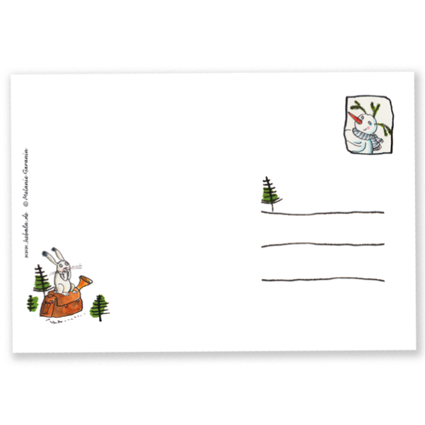 Rückseite der Postkarte "Schneekönigin", die mit winterlichen Zeichnungen wie einem Schneemann oder Tannenbaum verziert ist.
