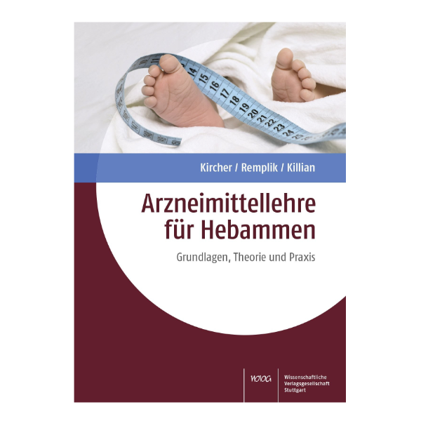 Buch "Arzneimittellehre für Hebammen" mit einem Bild von Kinderfüßen und einem Maßband.