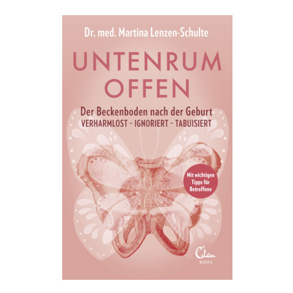Cover "Untenrum offen - der Beckenboden nach der Geburt" mit einem Bild von einem Beckenboden, der wie ein Schmetterling dargestellt wird.