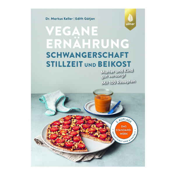 Buchcover "Vegane Ernährung - Schwangerschaft, Stillzeit und Beikost" mit einem Bild von Babybrei und einer Pizza.