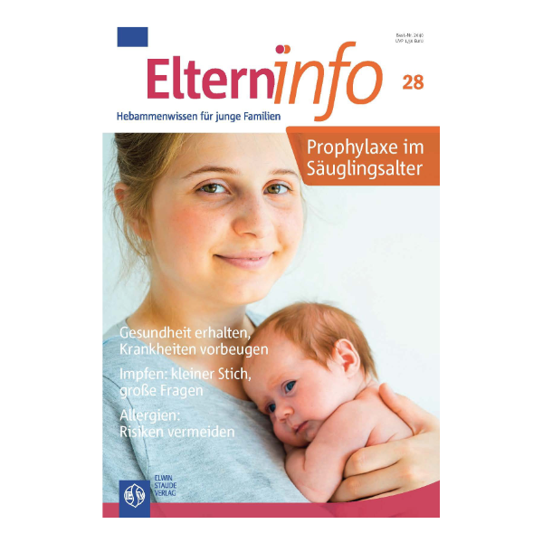 Elterninfo Cover "Prophylaxe im Säuglingsalter" mit einer Mutter, die ihren Säugling auf der Brust trägt.