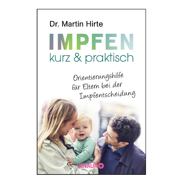 Cover "Impfen kurz & praktisch" mit der weiteren Aufschrift "Orientierungshilfe für Eltern bei der Impfentscheidung". Das Cover zeigt eine Familie mit Mutter, Vater und Baby.