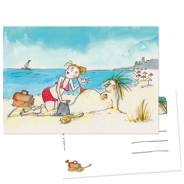 Vorder- und Rückseite der sommerlichen Postkarte "Strandperle".