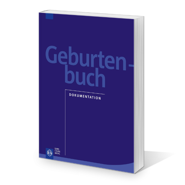 Schlichtes Cover vom Geburtenbuch für Kliniken. Das Cover trägt die Aufschrift "Geburtenbuch - Dokumentation".